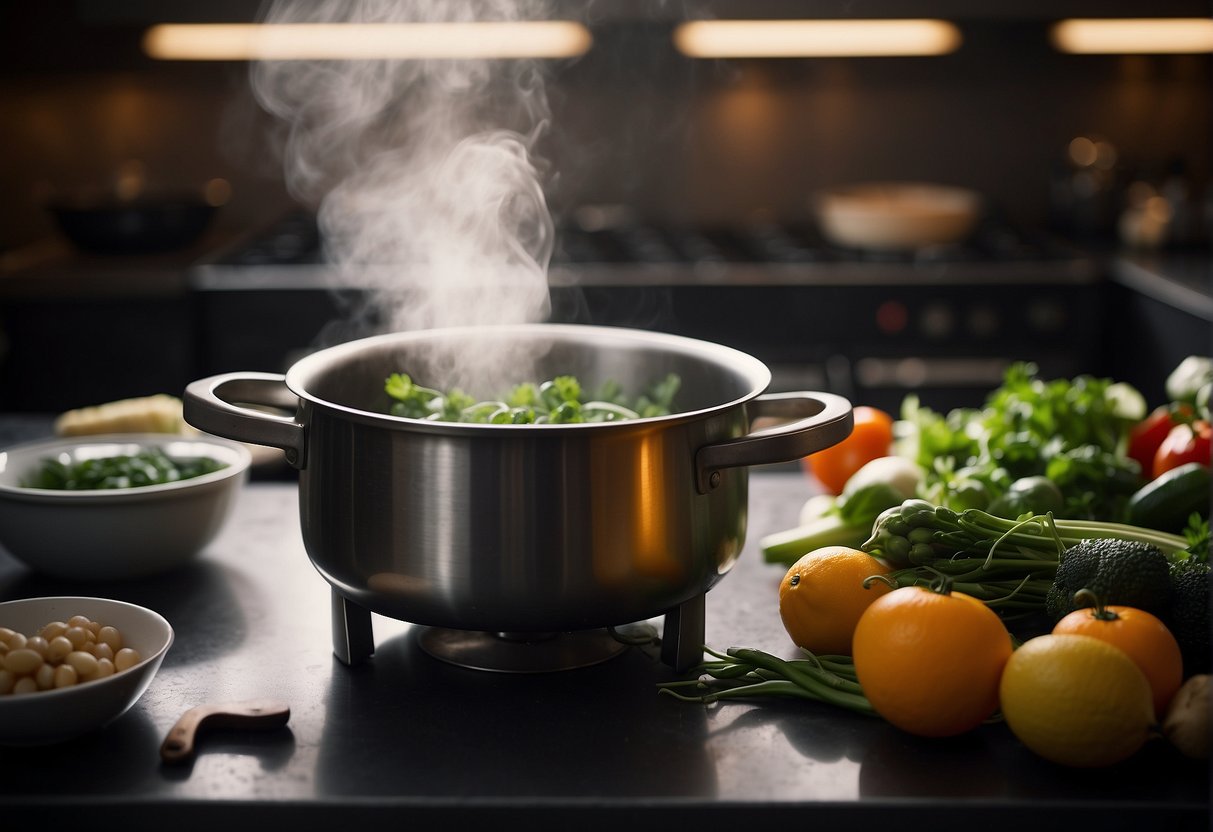 Fresh ingredients arranged around a traditional double-boiler pot, steam rising, with a serene and inviting atmosphere