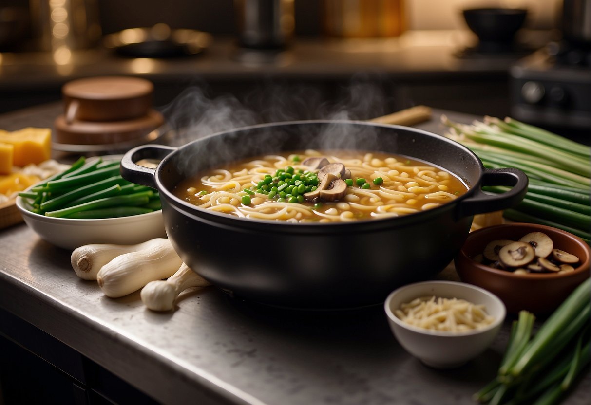 A pot simmering with broth, dried bean curd strips, mushrooms, and green onions. Ingredients laid out on a kitchen counter