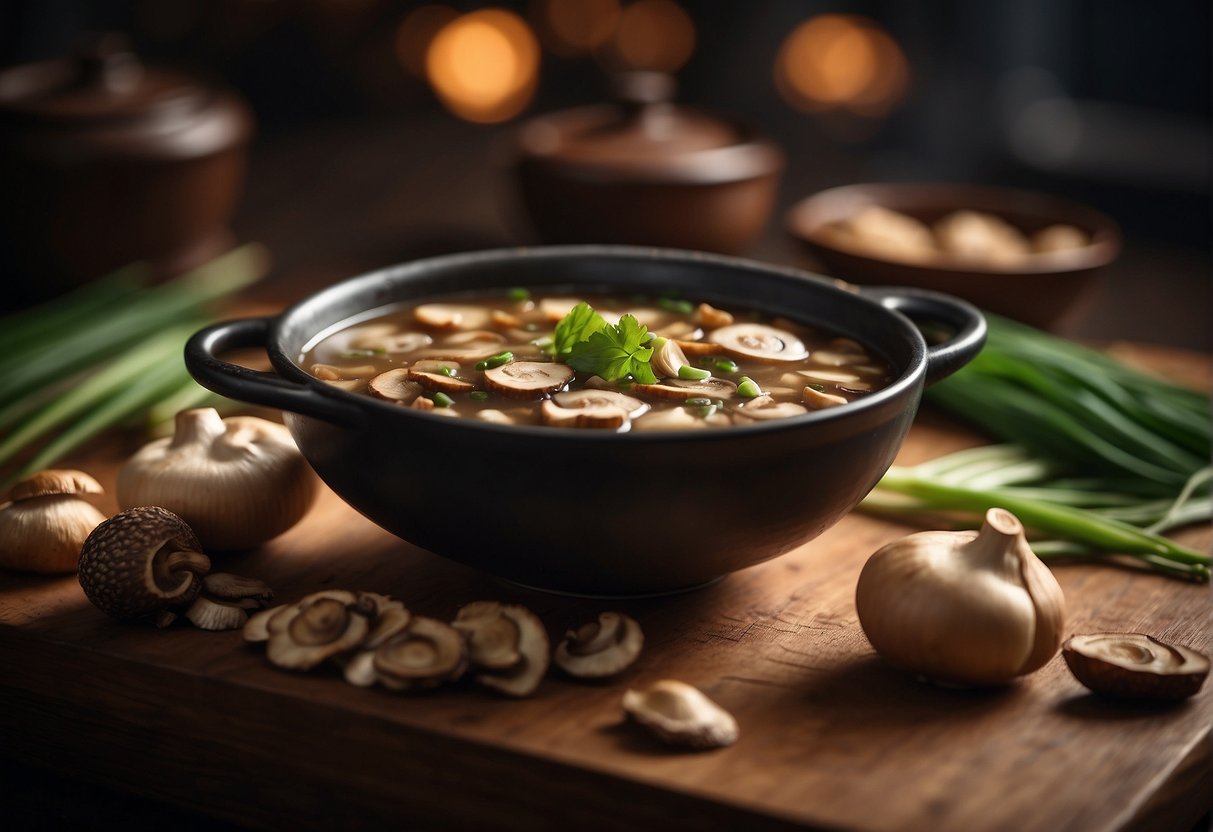 A pot of simmering Chinese dried mushroom soup with floating mushrooms, ginger, and green onions