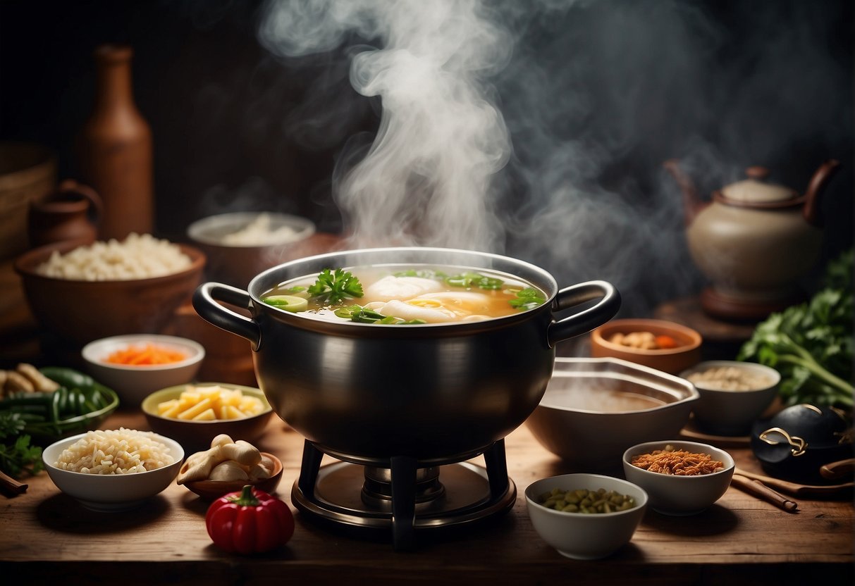 A steaming pot of Chinese double boiled soup surrounded by various ingredients and cooking utensils