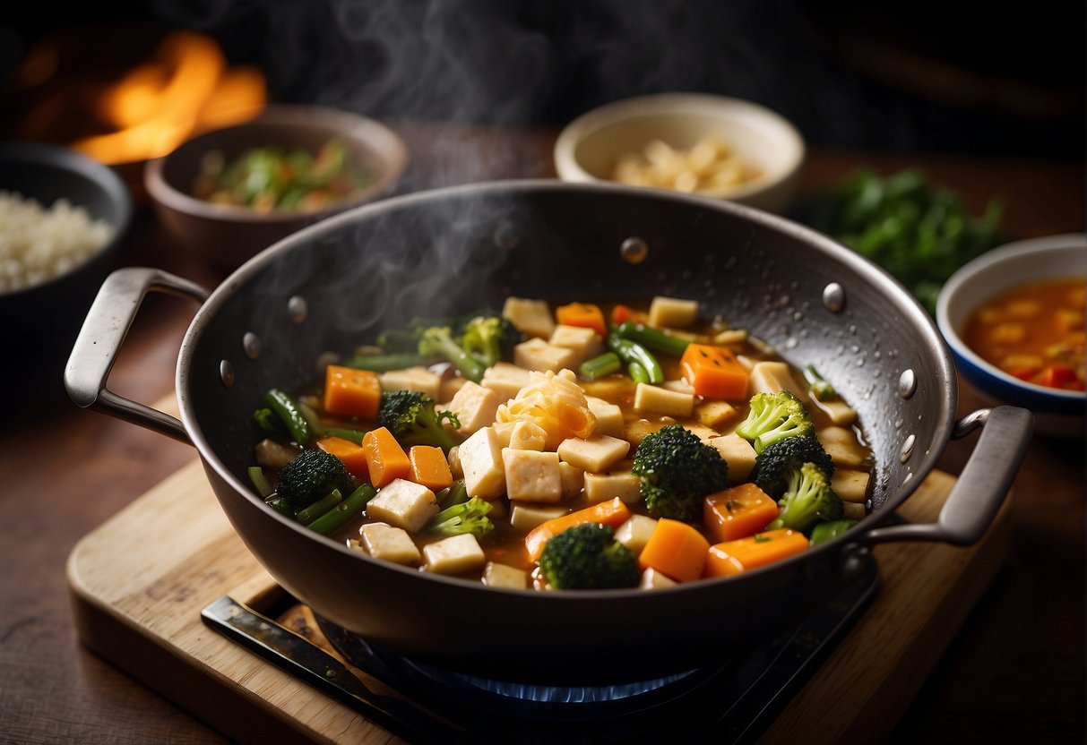 Sizzling oil in a wok, adding dried bean curd and vegetables, simmering in savory broth