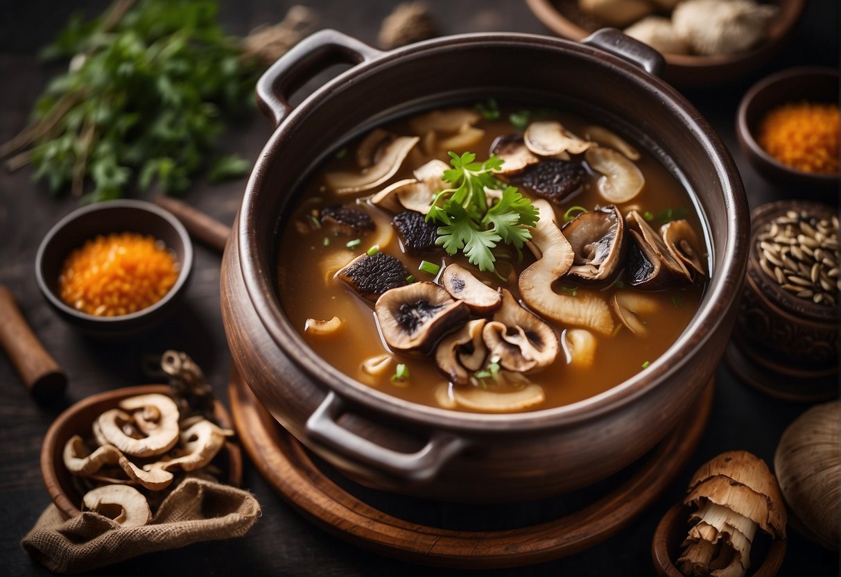 A pot of simmering Chinese dried mushroom soup, surrounded by traditional ingredients and utensils, symbolizing the cultural significance and origins of the recipe