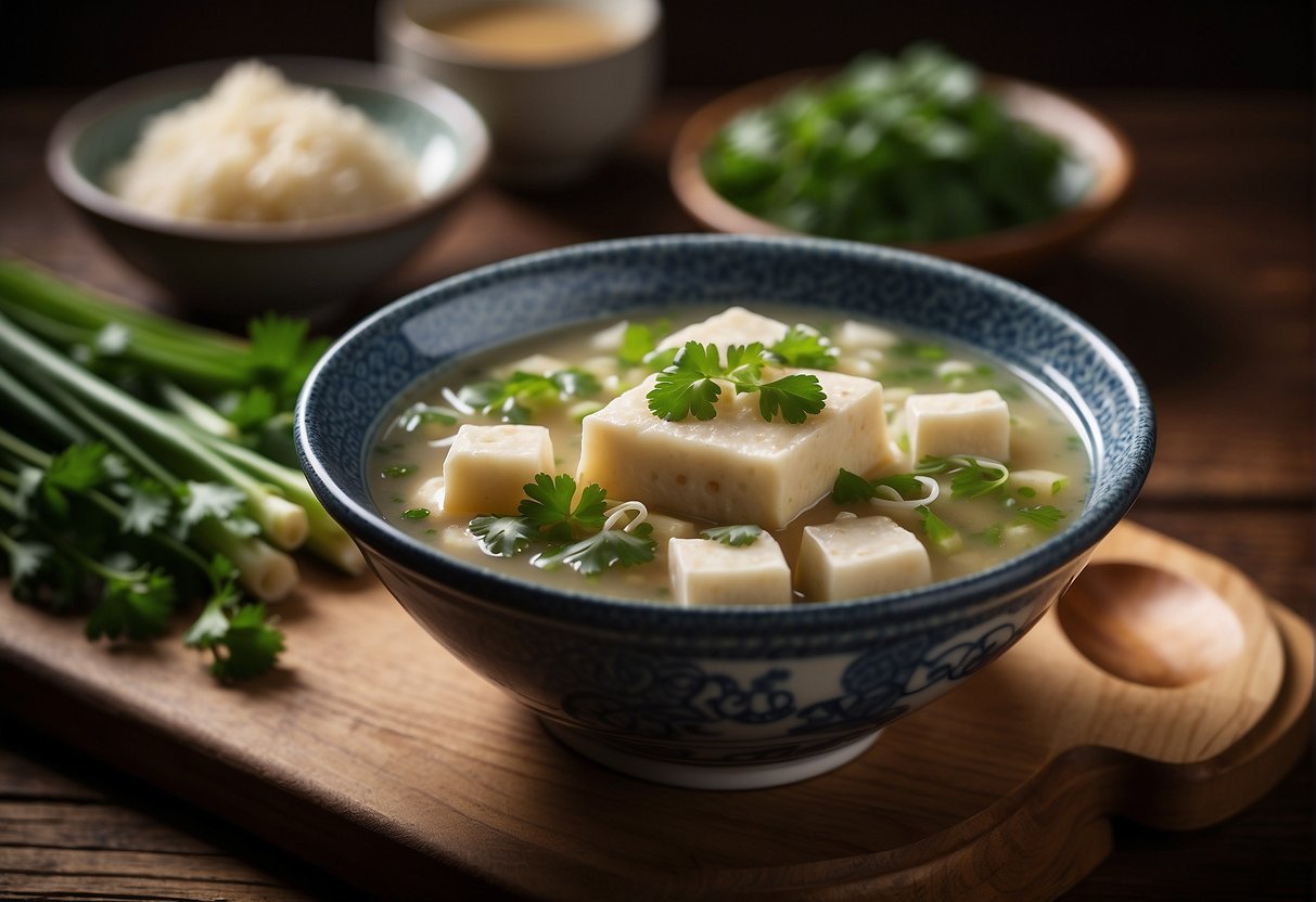 A steaming bowl of Chinese dried bean curd soup sits on a wooden table, garnished with green onions and cilantro. A pair of chopsticks rests beside the bowl
