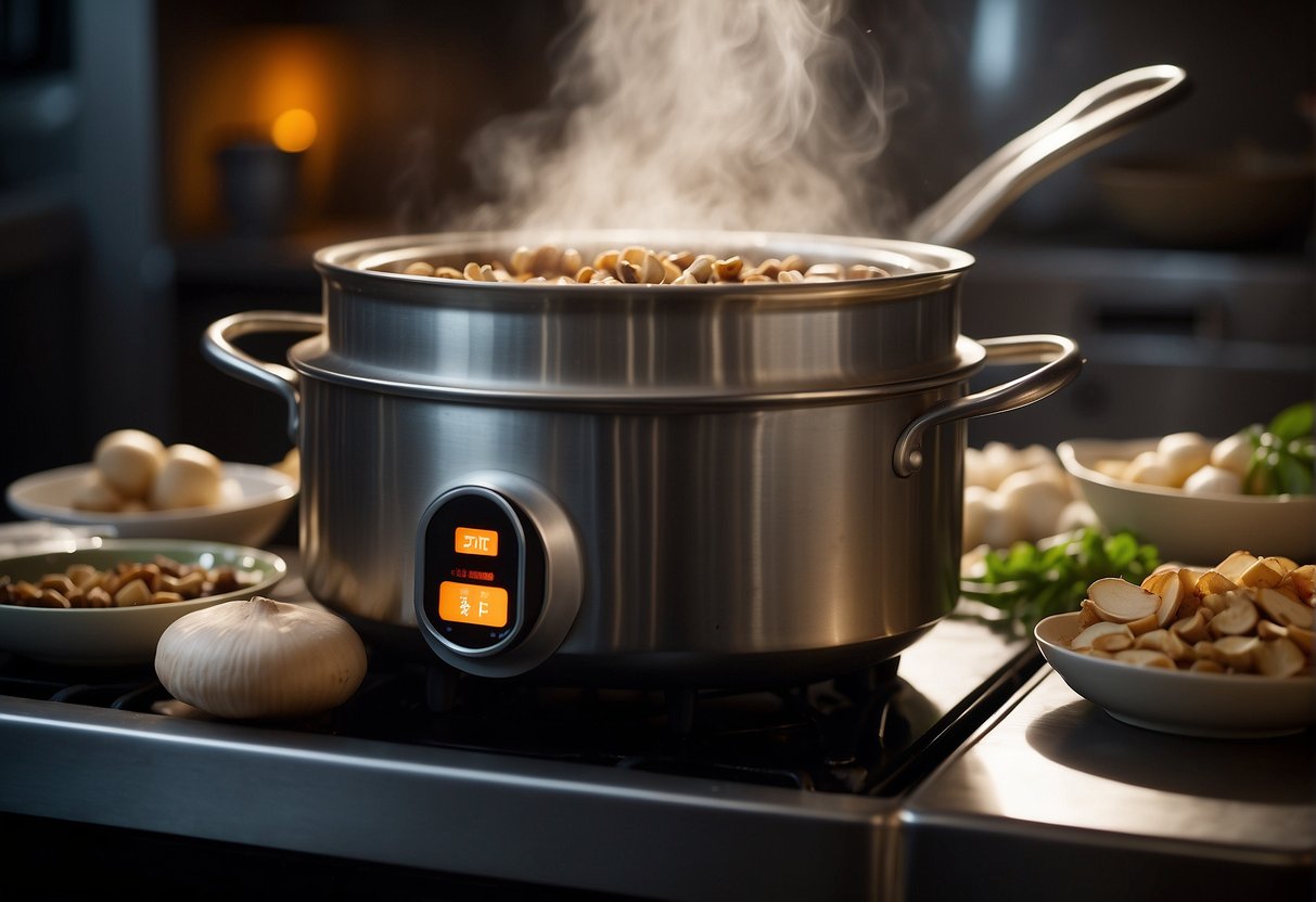 A pot simmers on a stove, filled with Chinese dried mushrooms, ginger, and broth. Steam rises as the ingredients meld together, creating a fragrant and savory soup