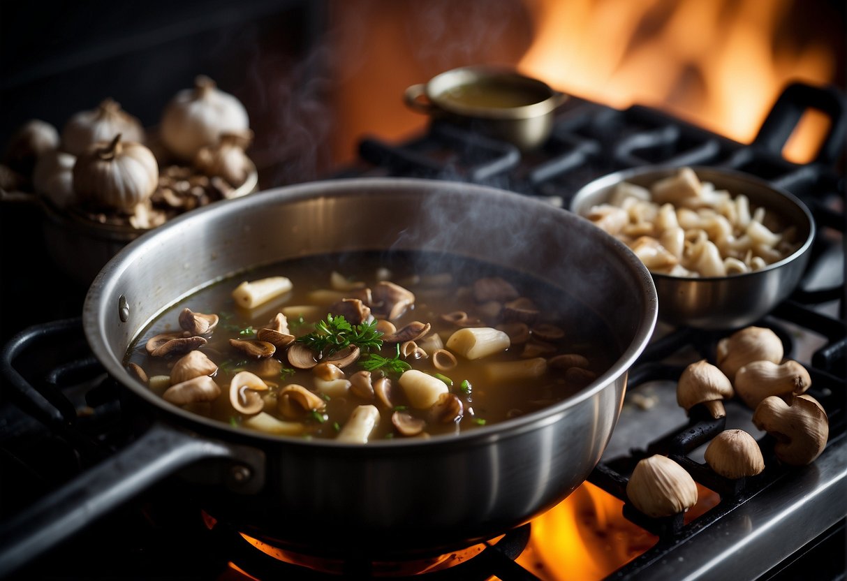 A pot simmers on a stove with Chinese dried mushrooms, ginger, and garlic. Steam rises as the ingredients meld together in the aromatic broth