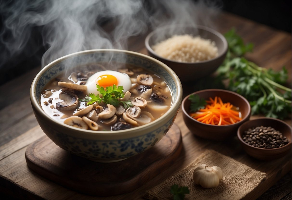 A steaming bowl of Chinese dried mushroom soup sits on a wooden table, surrounded by fresh ingredients and a handwritten recipe card