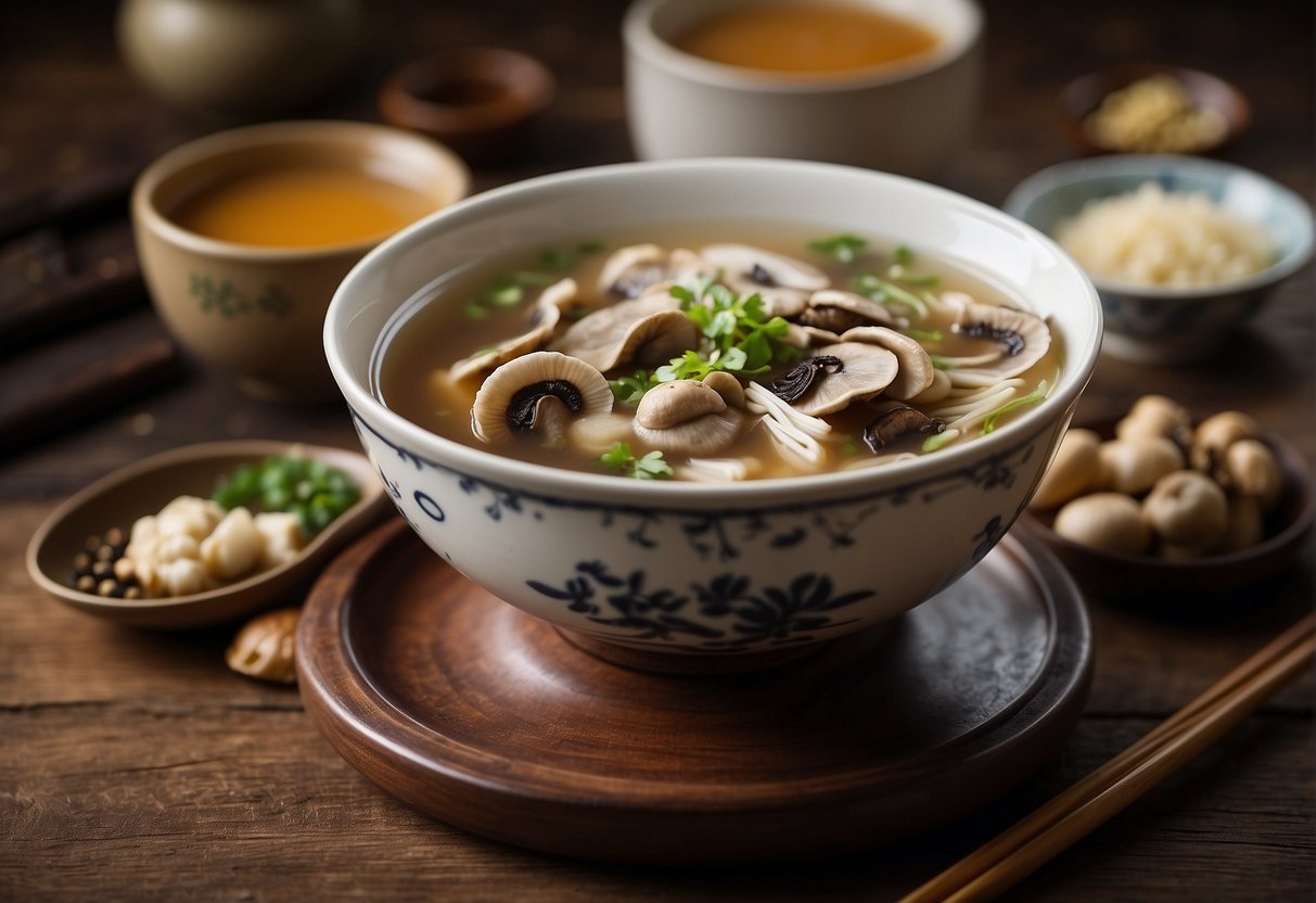 A steaming bowl of Chinese dried mushroom soup sits on a rustic wooden table, surrounded by small dishes of condiments and chopsticks