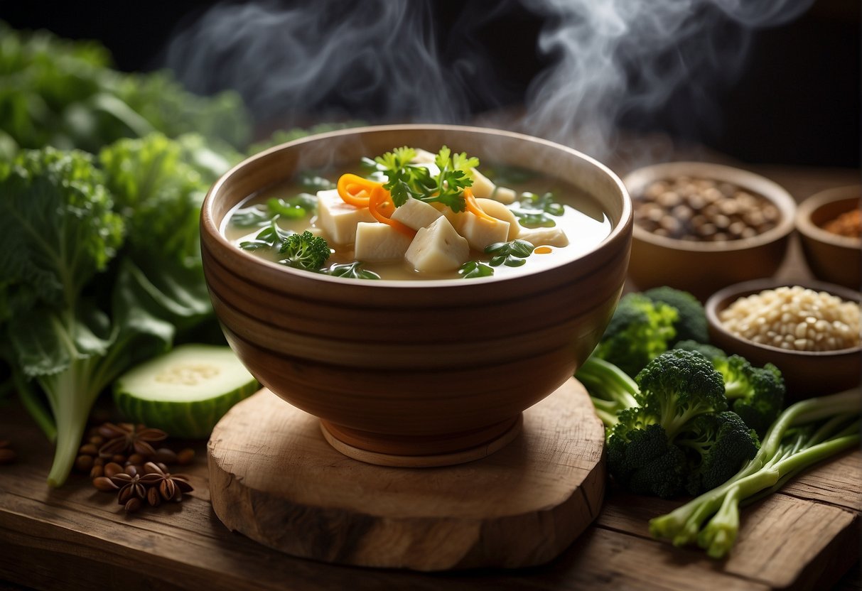 A steaming bowl of Chinese dried bean curd soup sits on a rustic wooden table, surrounded by vibrant green vegetables and aromatic spices