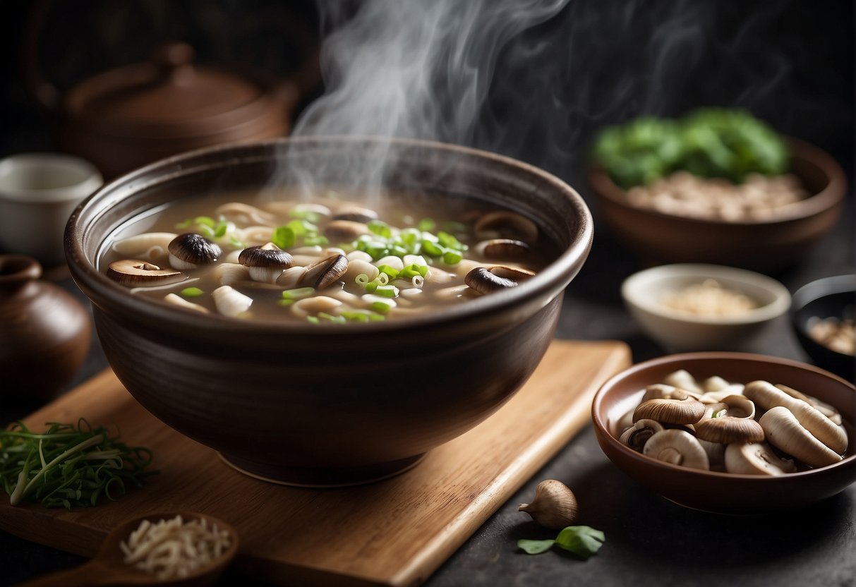 A steaming pot of Chinese dried mushroom soup with floating slices of mushrooms and a hint of green onions, surrounded by traditional Chinese soup bowls and chopsticks