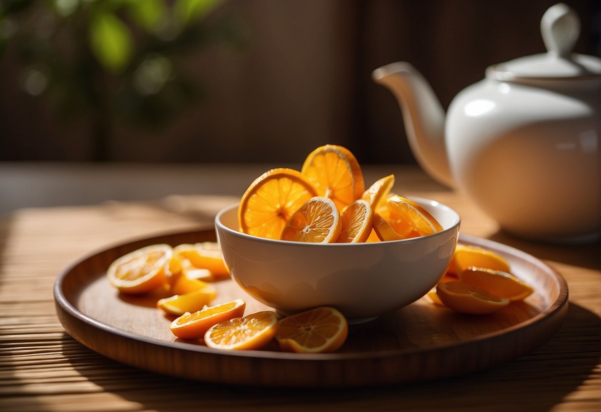 A hand reaches for a bowl of dried orange peels. A small plate of the snack sits next to a teapot on a bamboo tray