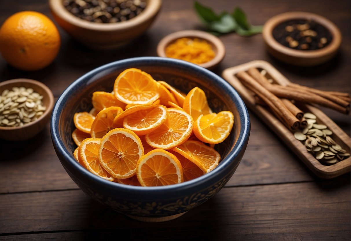 A bowl of dried orange peel sits on a wooden table, surrounded by traditional Chinese herbs and spices. The vibrant color and distinct aroma highlight its cultural significance in Chinese cuisine