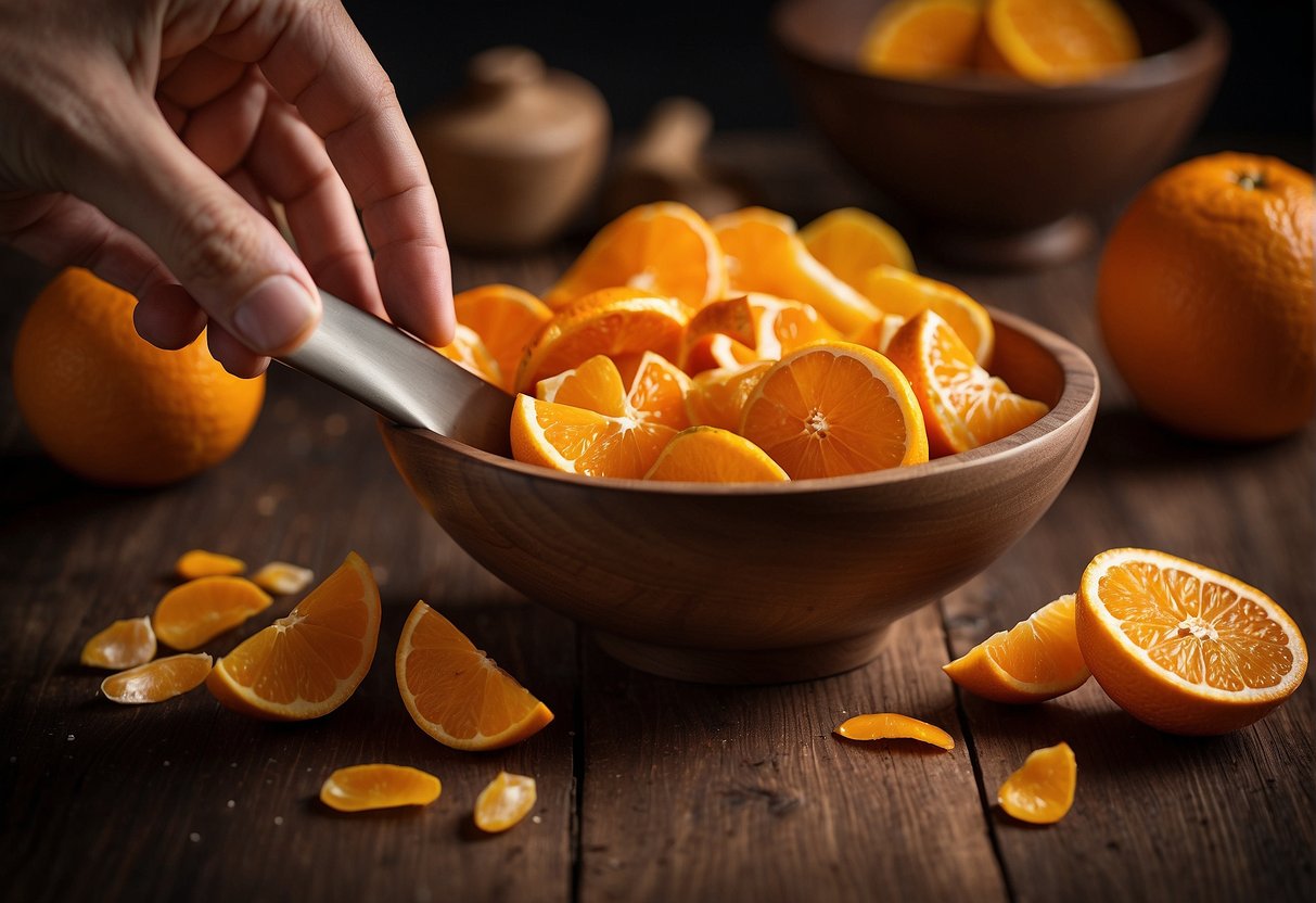 A hand reaches for dried orange peel, a mortar and pestle sit nearby. Ingredients are laid out on a wooden table