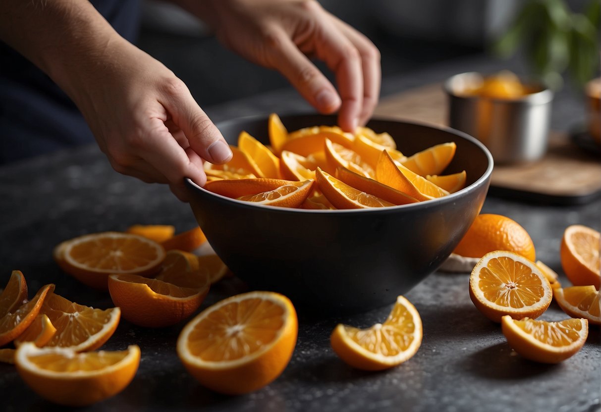 A hand reaches for a bowl of dried orange peels. A pot simmers on the stove. Ingredients and utensils are laid out on the counter