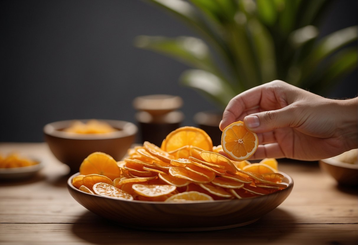A hand reaches for a bowl filled with crispy, golden-brown Chinese dried orange peel snacks. The snacks are arranged neatly on a wooden serving platter, accompanied by a small dish of dipping sauce