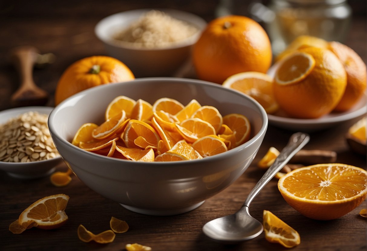 A bowl of dried orange peels, a mixing spoon, and various ingredients laid out on a kitchen counter