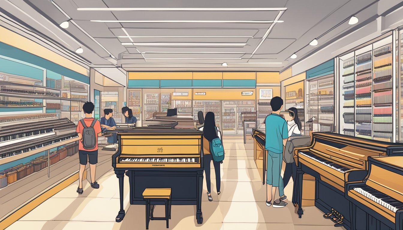 A music store in Singapore sells roll-up pianos. The store is brightly lit with rows of musical instruments on display. Customers browse and test the compact, portable pianos