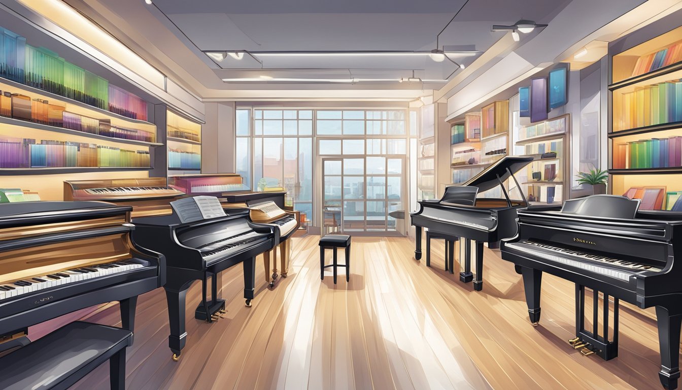 A music store in Singapore displays a variety of roll-up pianos on shelves. The bright and modern interior creates a welcoming atmosphere for customers