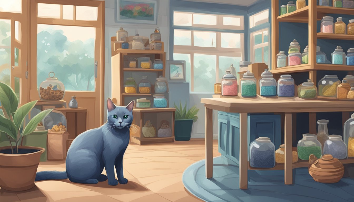 A cozy pet shop in Singapore showcases a beautiful Russian Blue cat among other feline breeds for sale