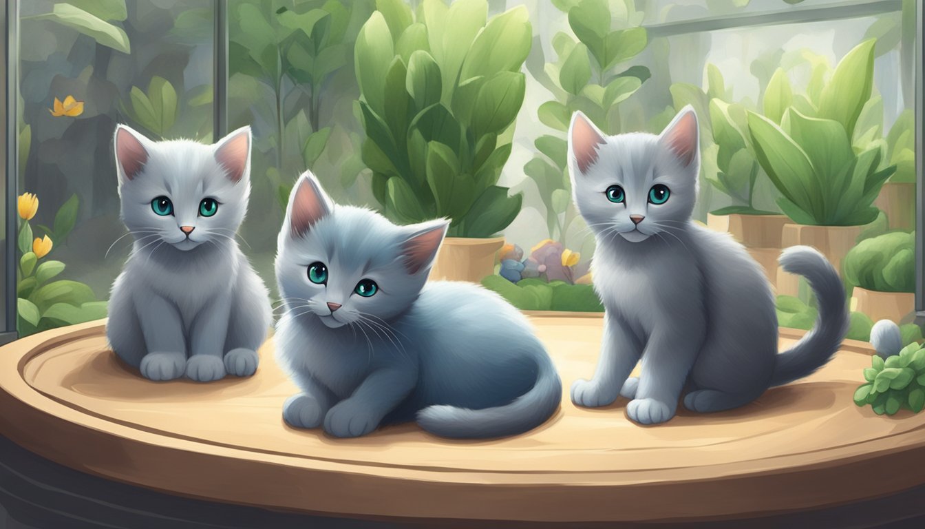 A cozy pet store in Singapore displays Russian Blue kittens in a well-lit glass enclosure, with soft bedding and toys. Customers admire the sleek, silver-blue fur and bright green eyes of the kittens