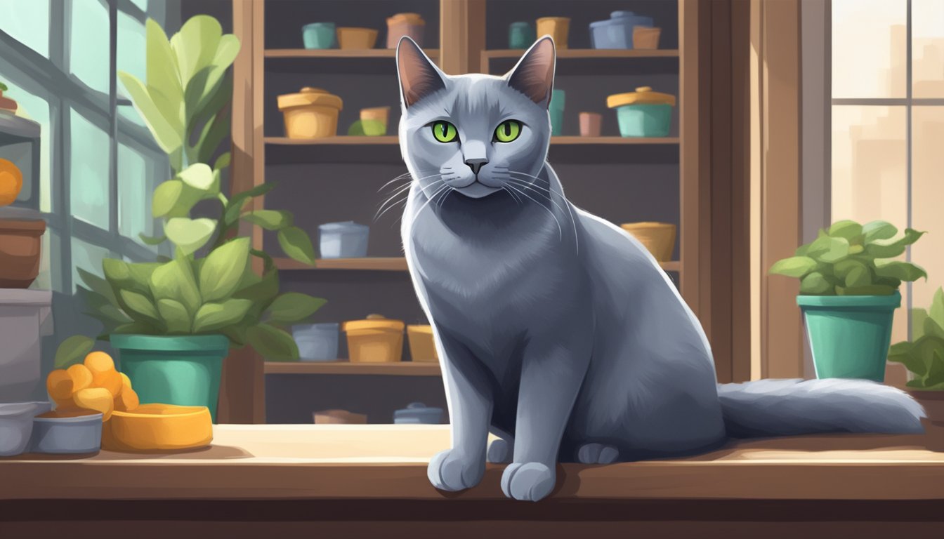 A Russian Blue cat sits elegantly in a cozy pet shop in Singapore, with its sleek silver-blue coat and bright green eyes captivating potential buyers