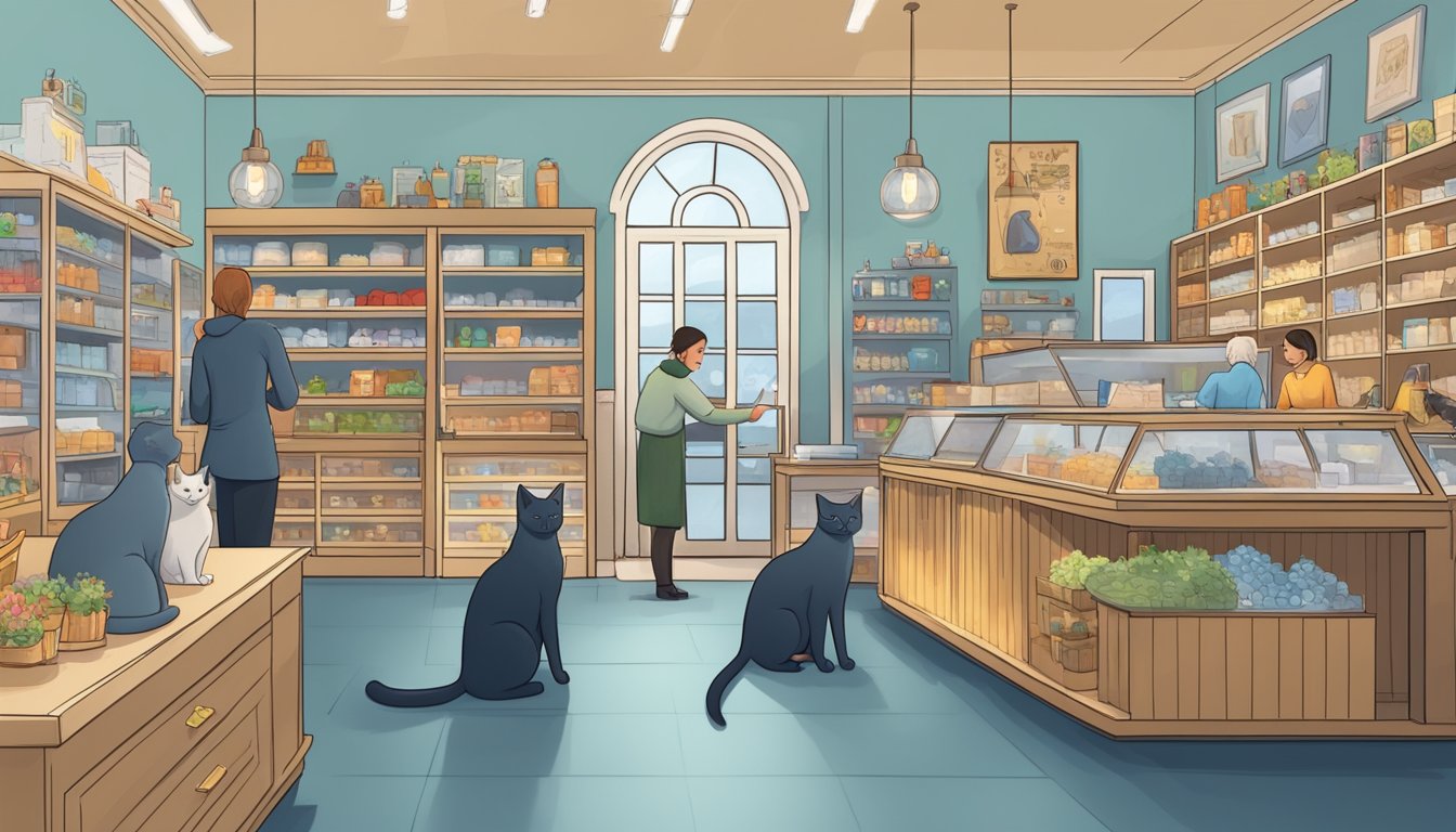 A cozy pet store with Russian Blue cats on display, customers browsing, and a helpful staff member answering questions