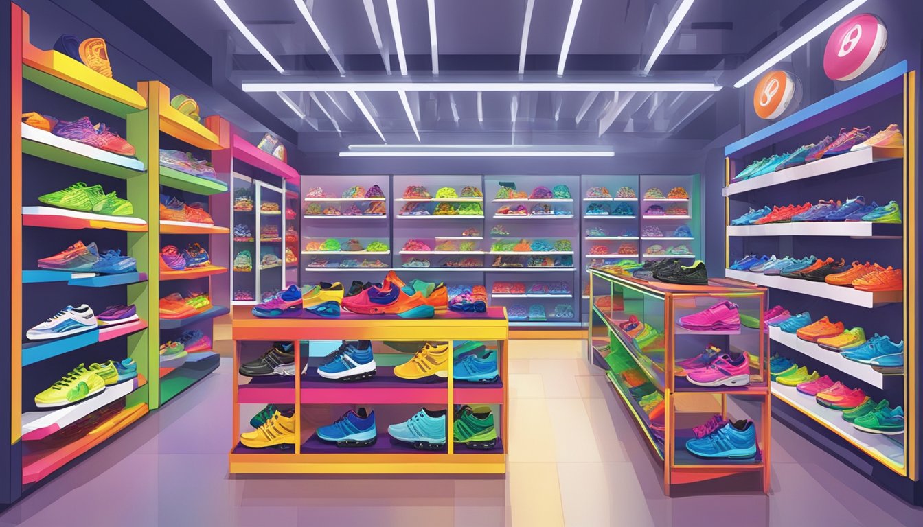 A brightly lit sports store in Singapore showcases a variety of colorful Heelys on display shelves, with a prominent sign advertising "Where to buy Heelys in Singapore" hanging above