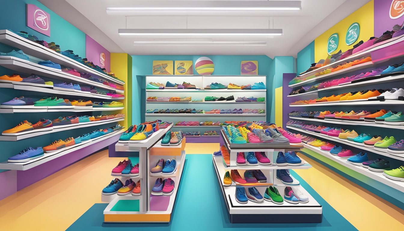 A colorful display of Heelys in a Singaporean shoe store, with various sizes and styles showcased on shelves and racks