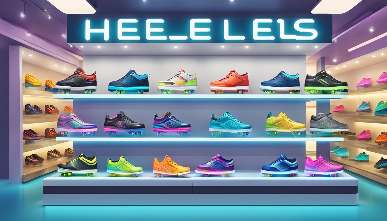A store display of Heelys in Singapore, with various styles and sizes showcased. Bright lighting and clear signage indicate availability for purchase
