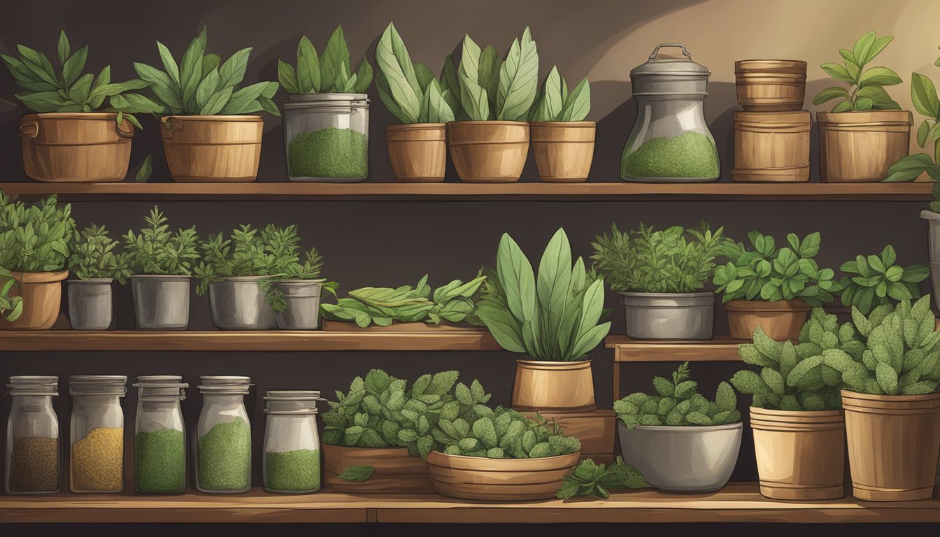 Sage leaves are neatly displayed in a small, rustic shop in Singapore, nestled among other dried herbs and spices, with warm lighting highlighting their earthy green color