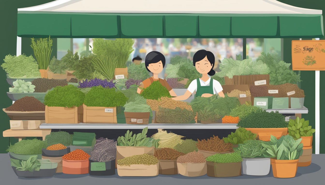 A bustling market stall with vibrant displays of herbs and spices, including bundles of fragrant sage leaves, with a sign indicating "Sage Leaves for Sale" in Singapore