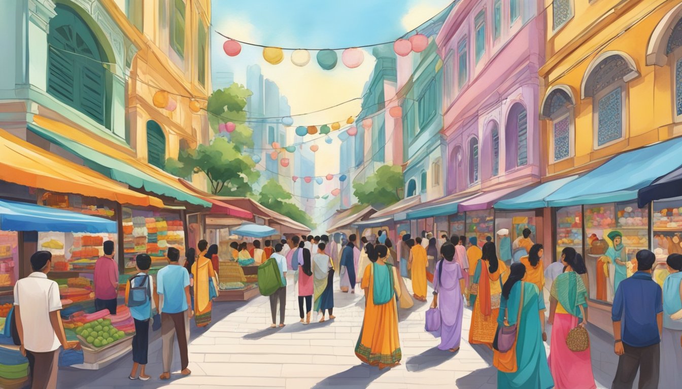 A bustling market street in Singapore, with colorful storefronts displaying a variety of salwar kameez. Shoppers browse the vibrant fabrics and intricate designs