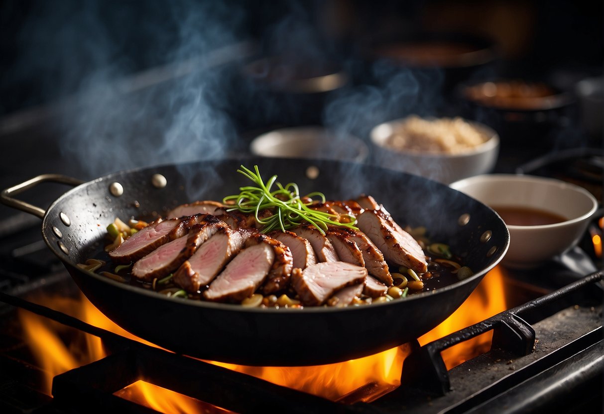 A sizzling duck breast cooks in a wok with ginger, garlic, and soy sauce, creating a mouthwatering aroma