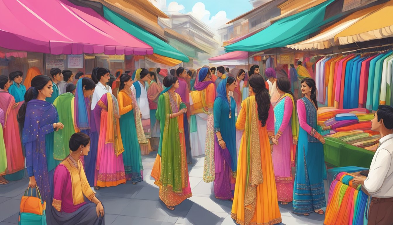 A colorful display of Salwar Kameez at a bustling market in Singapore, with vibrant fabrics and intricate embroidery catching the eye of passersby