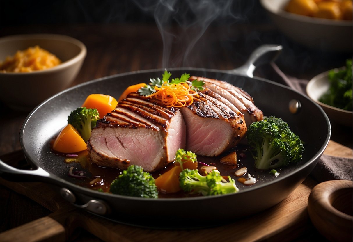 A chef seasons and sears duck breast in a hot pan, then sets it aside to rest before slicing for a Chinese recipe