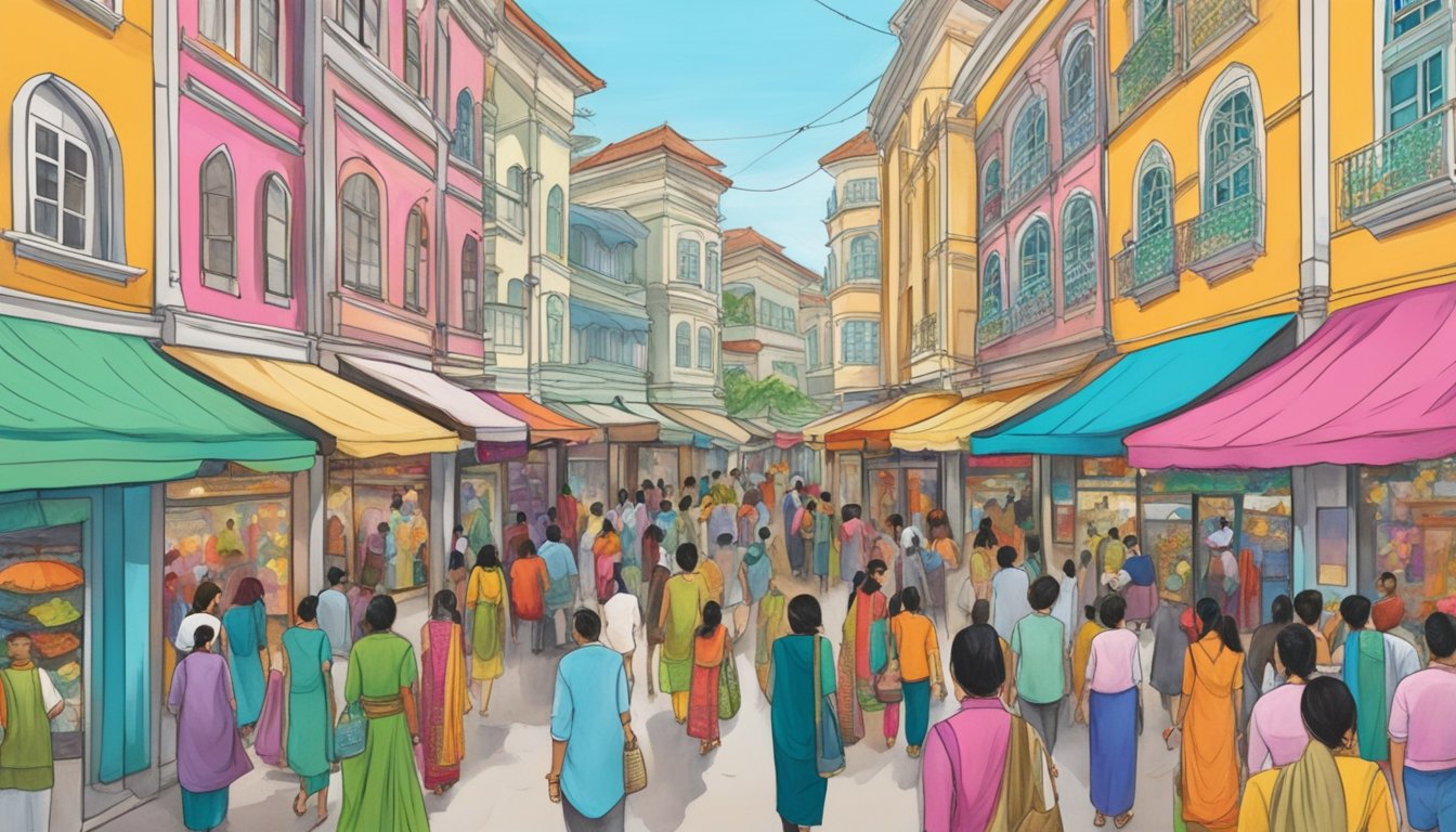 A bustling market street in Singapore, with colorful storefronts displaying a variety of salwar kameez styles. Shoppers browse through racks of vibrant fabrics and intricate embroidery, while vendors call out their latest deals