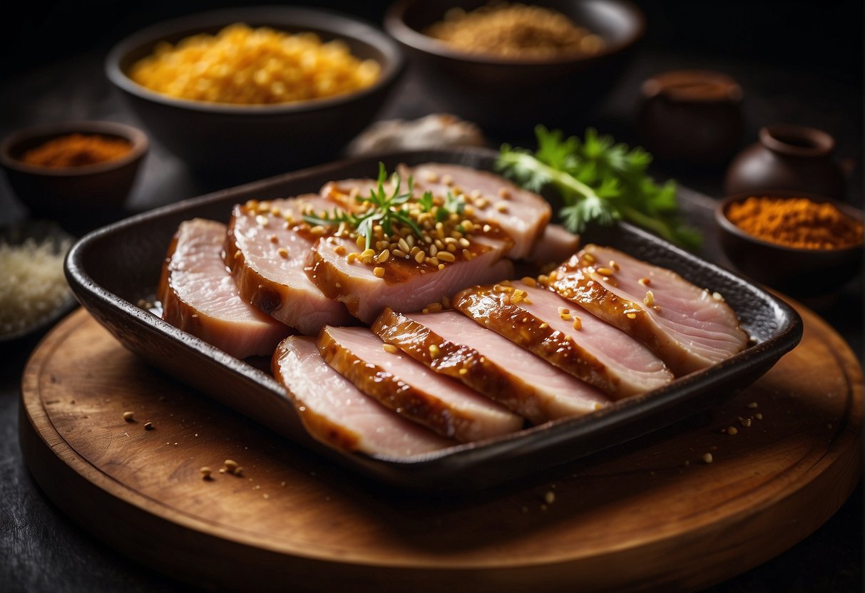 Chinese duck breast being marinated and seasoned with traditional spices in a kitchen setting