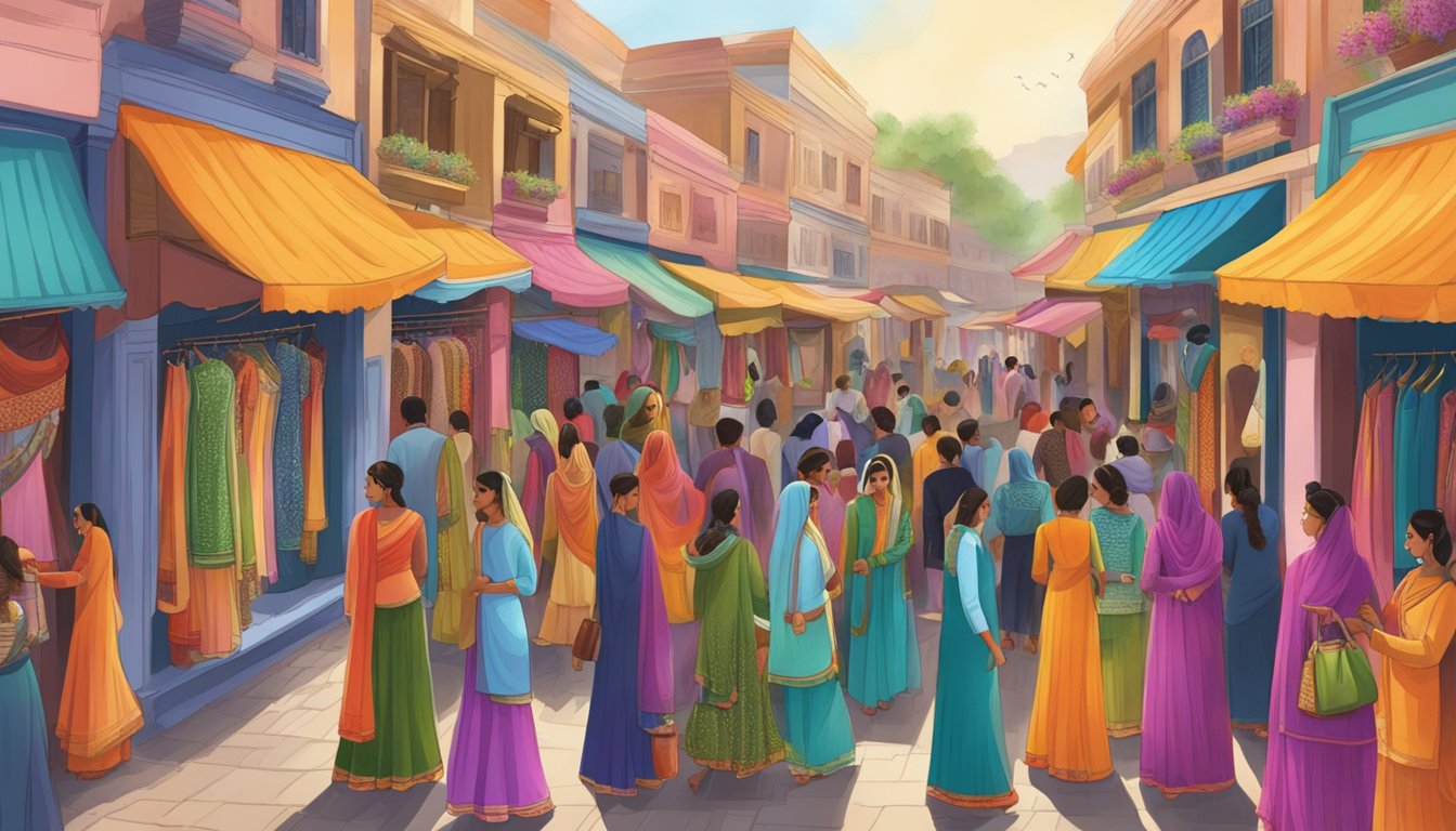 A bustling marketplace with colorful storefronts displaying a variety of salwar kameez. Customers browsing through the vibrant fabrics and intricate designs