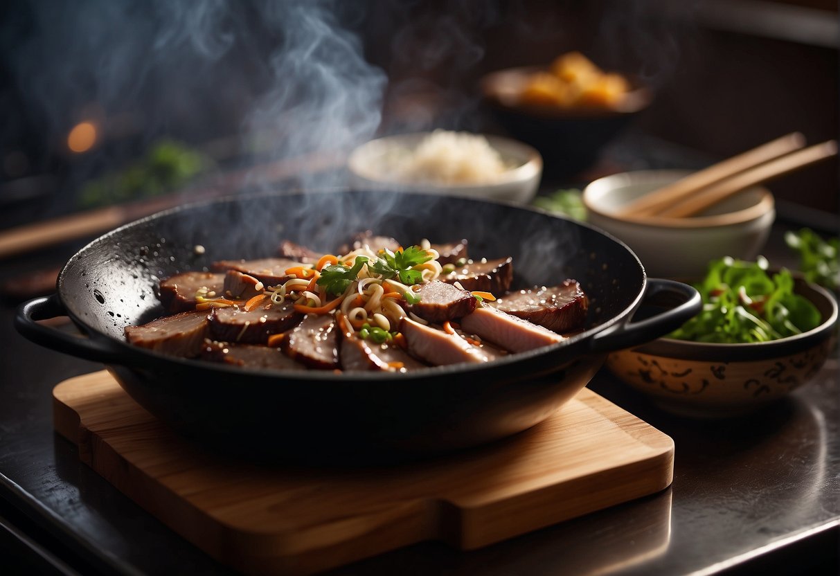 Chinese duck breast sizzling in a wok with ginger, garlic, and soy sauce. Steam rising, chopsticks nearby