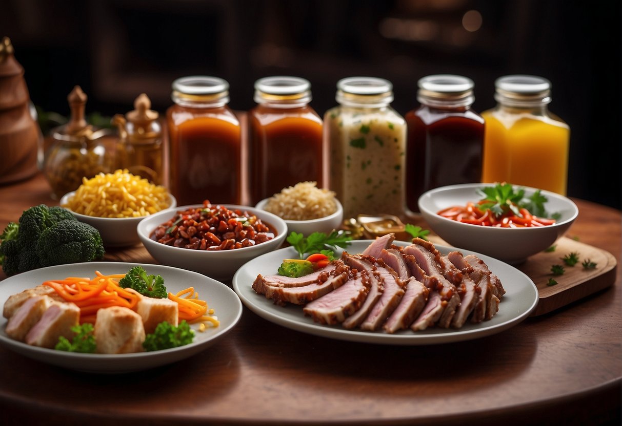 A table filled with various sauces and condiments, alongside a beautifully plated Chinese duck breast recipe