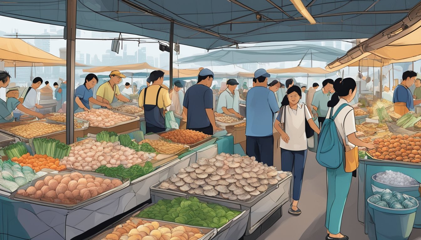 A bustling seafood market in Singapore, with vendors displaying fresh scallops on ice, surrounded by locals and tourists browsing the selection