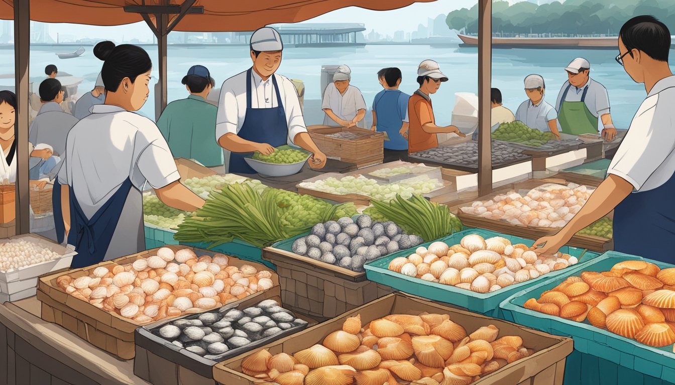 A bustling seafood market in Singapore showcases the finest, fresh scallops on ice, glistening in the sunlight. The vendor proudly displays the delicate shellfish, drawing in eager customers