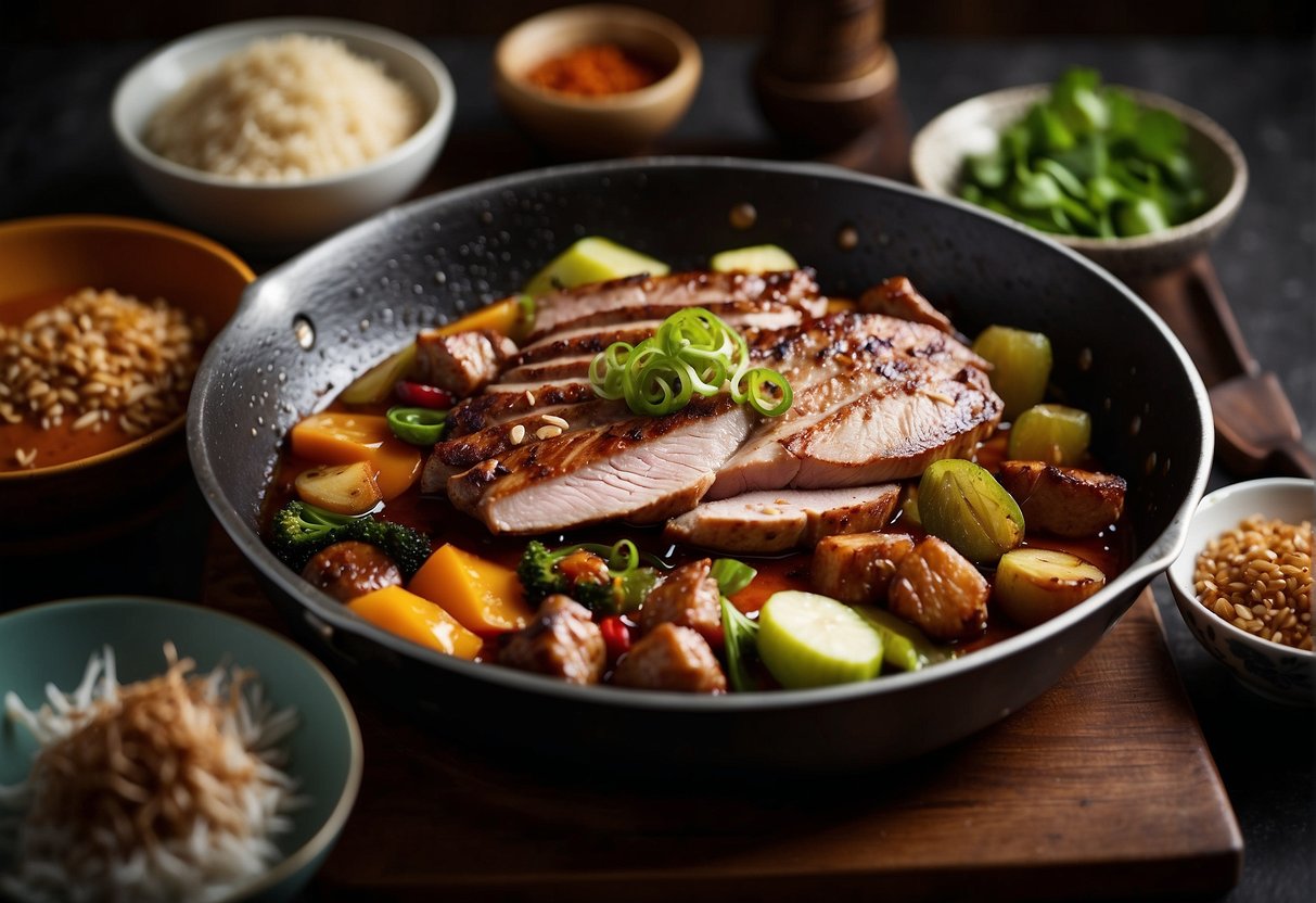 A sizzling hot pan with marinated duck breast, surrounded by various Chinese ingredients and cooking utensils