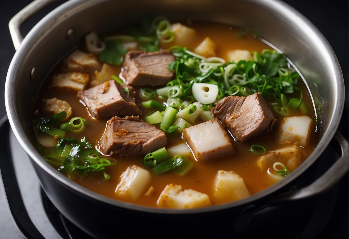 A large pot simmering with Chinese duck carcass, ginger, and scallions in a savory broth