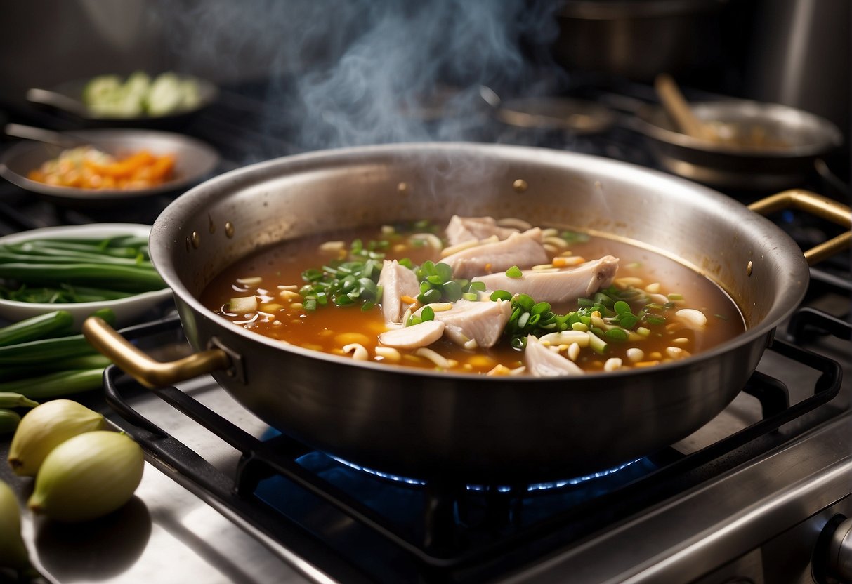 A large pot simmers on a stove, filled with Chinese duck carcass, ginger, and scallions, releasing a rich, savory aroma. A ladle rests on the edge, ready to serve