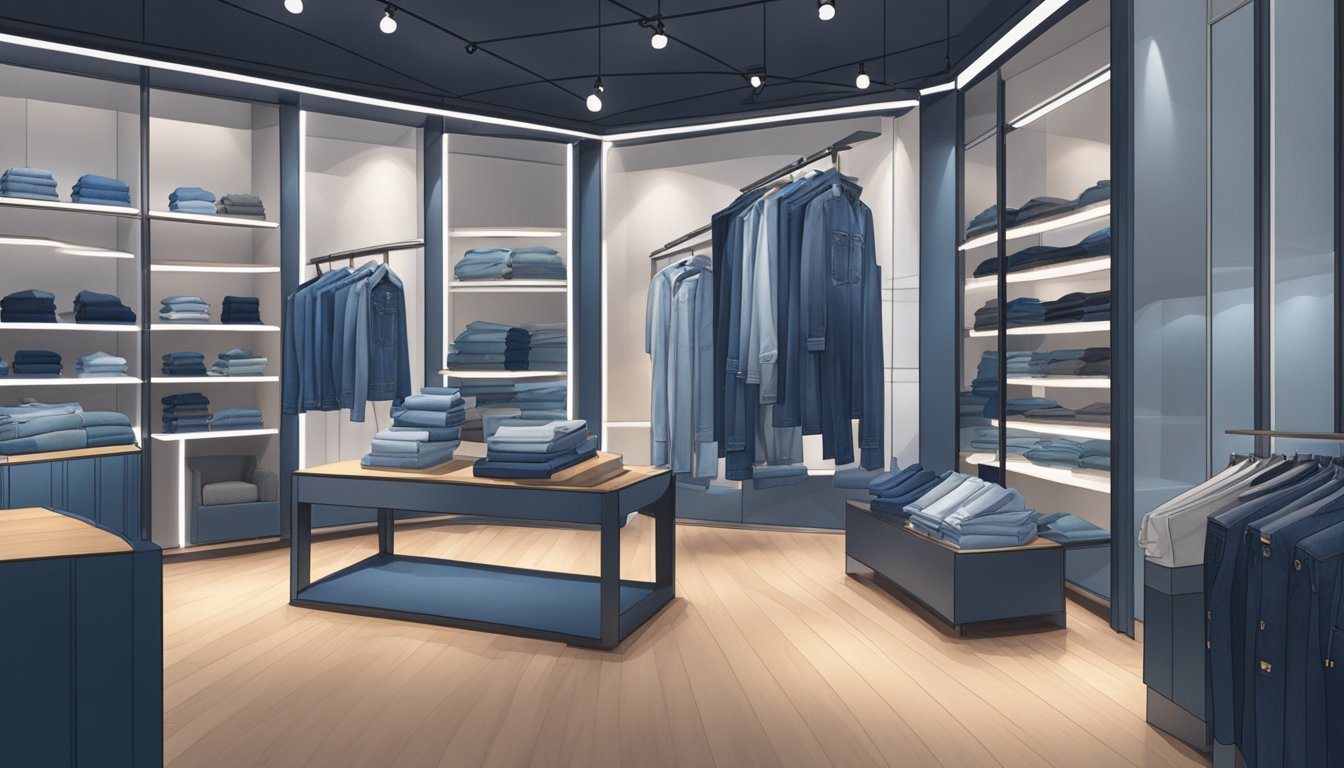 A brightly lit boutique display showcases a variety of high waisted jeans in Singapore. The store is modern and stylish, with neatly folded denim stacked on shelves