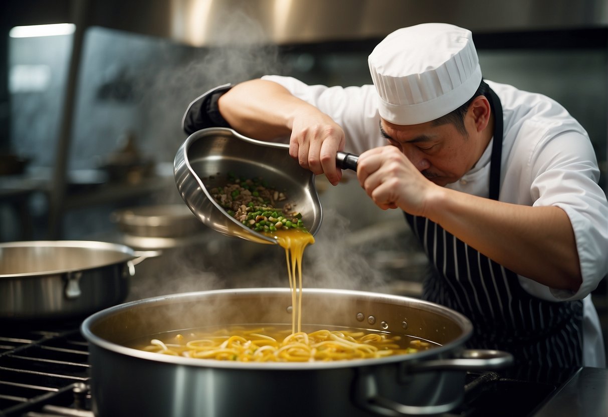 A chef pours broth into a large pot, adding Chinese duck carcass and various spices. Steam rises as the ingredients simmer