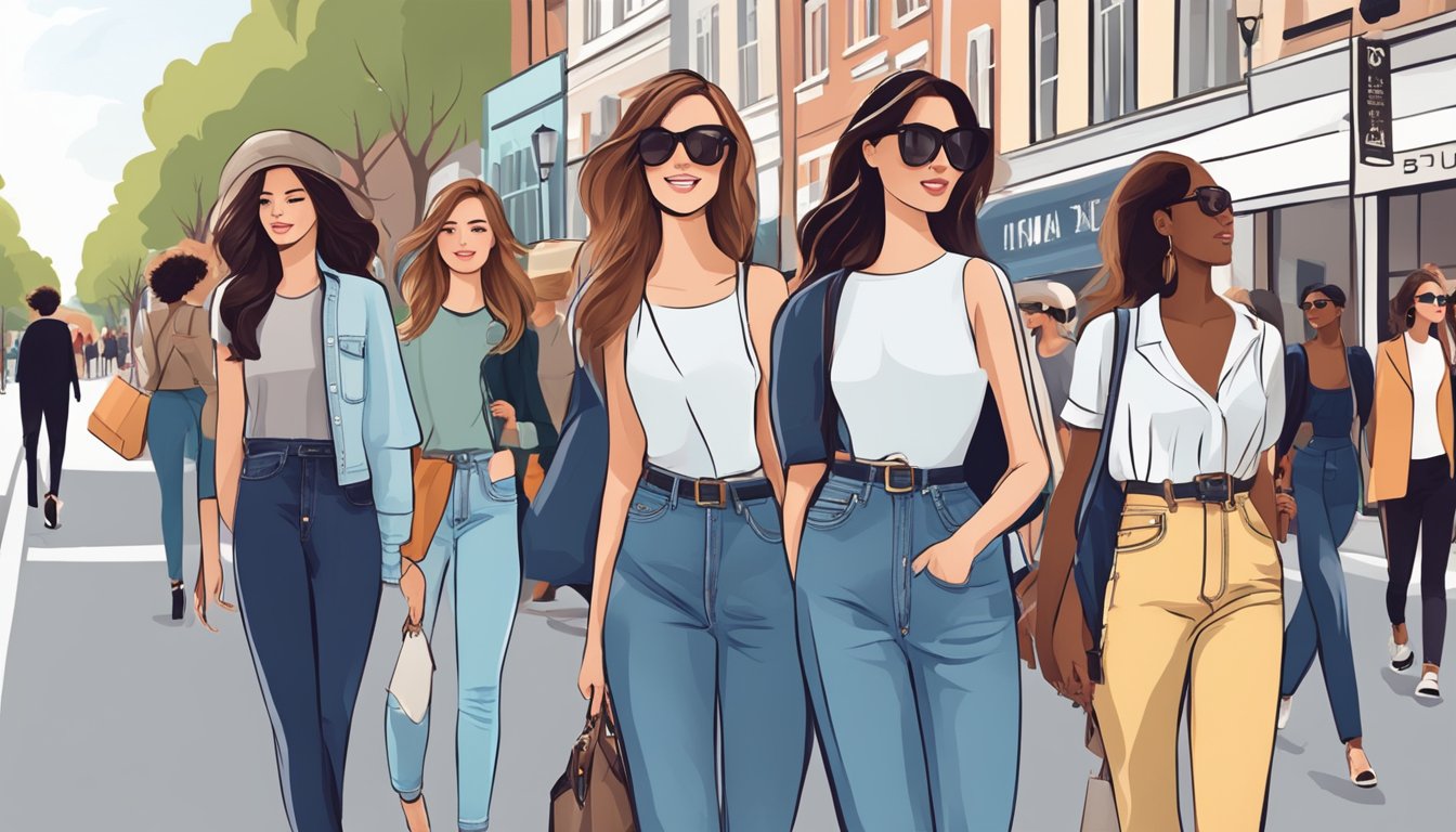 A bustling street lined with trendy boutiques and fashion stores, showcasing a variety of high-waisted jeans in different styles and colors