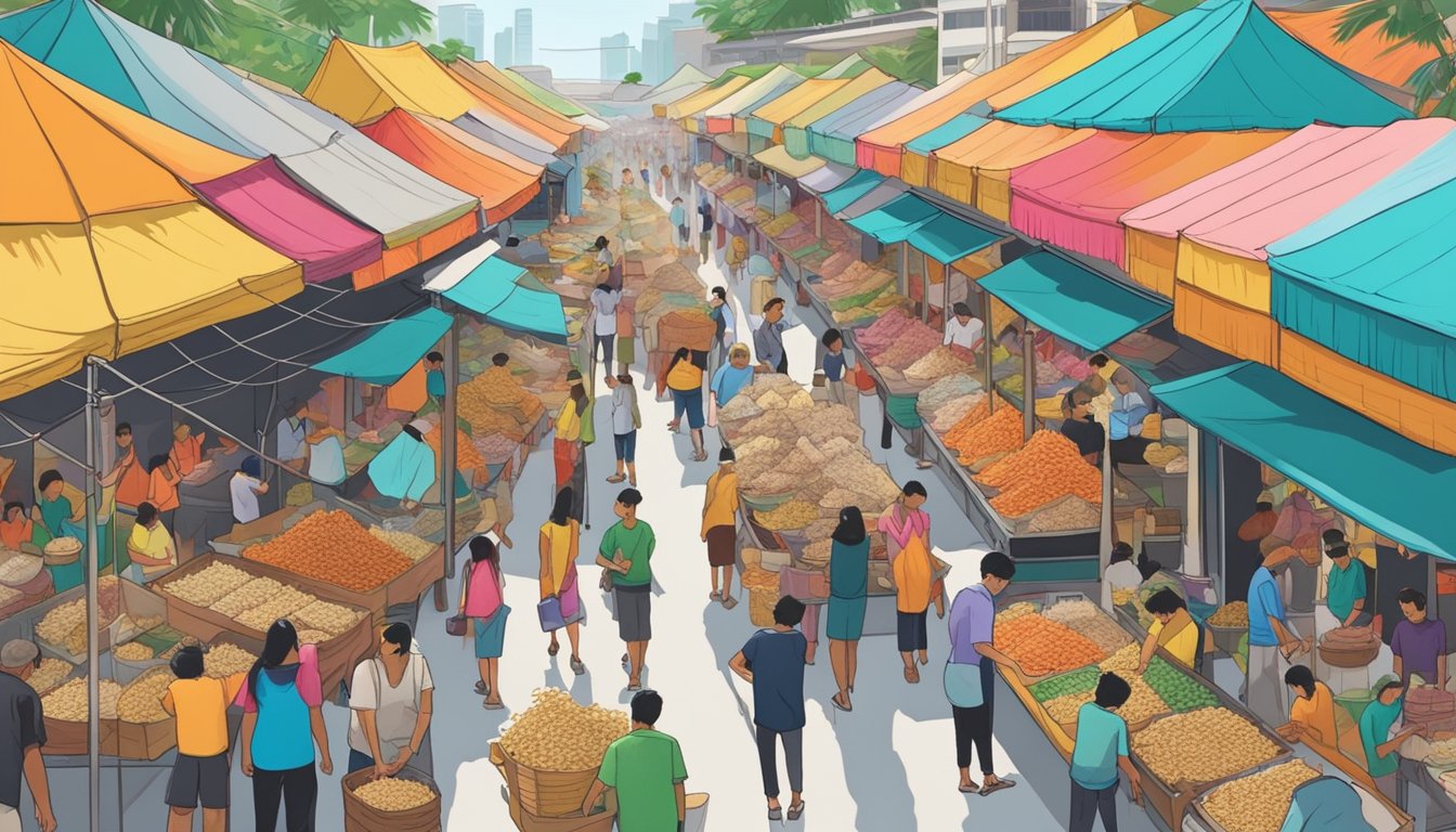 A bustling marketplace with vendors selling bags of shredded coconut in Singapore. Brightly colored stalls line the crowded streets, with customers eagerly purchasing the tropical ingredient