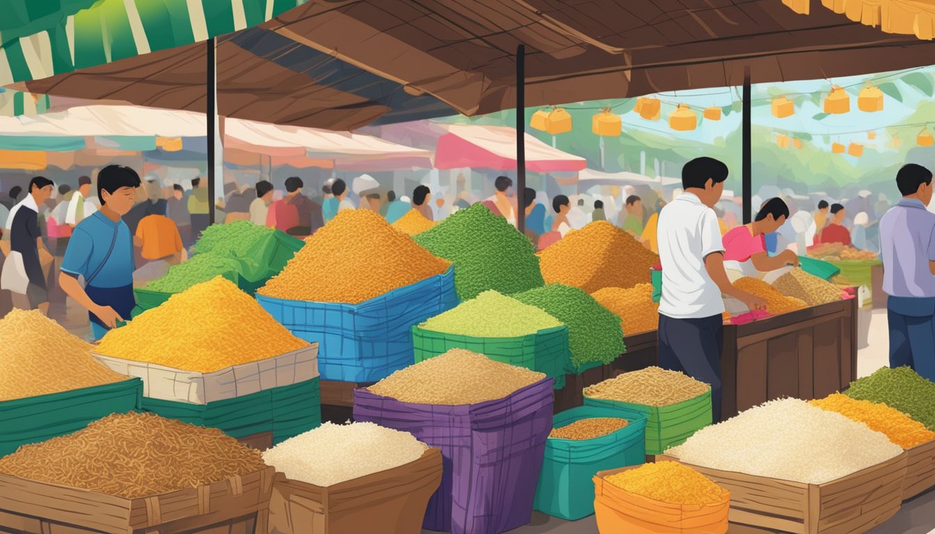 A bustling market stall in Singapore displays bags of shredded coconut for sale. The vibrant colors and exotic aromas create a lively atmosphere