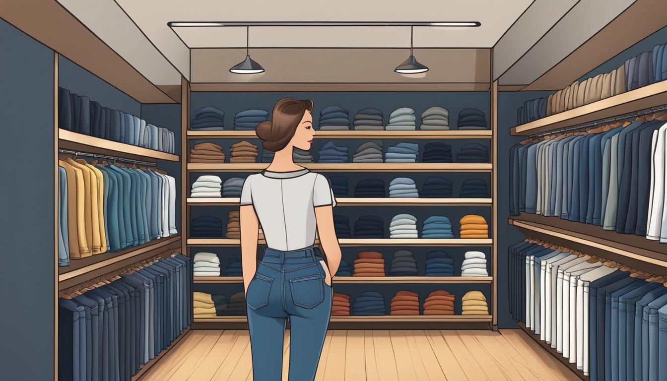 A display of high waisted jeans in a stylish boutique, featuring a variety of colors and styles. The jeans are neatly arranged on shelves with accompanying style guides and collection highlights